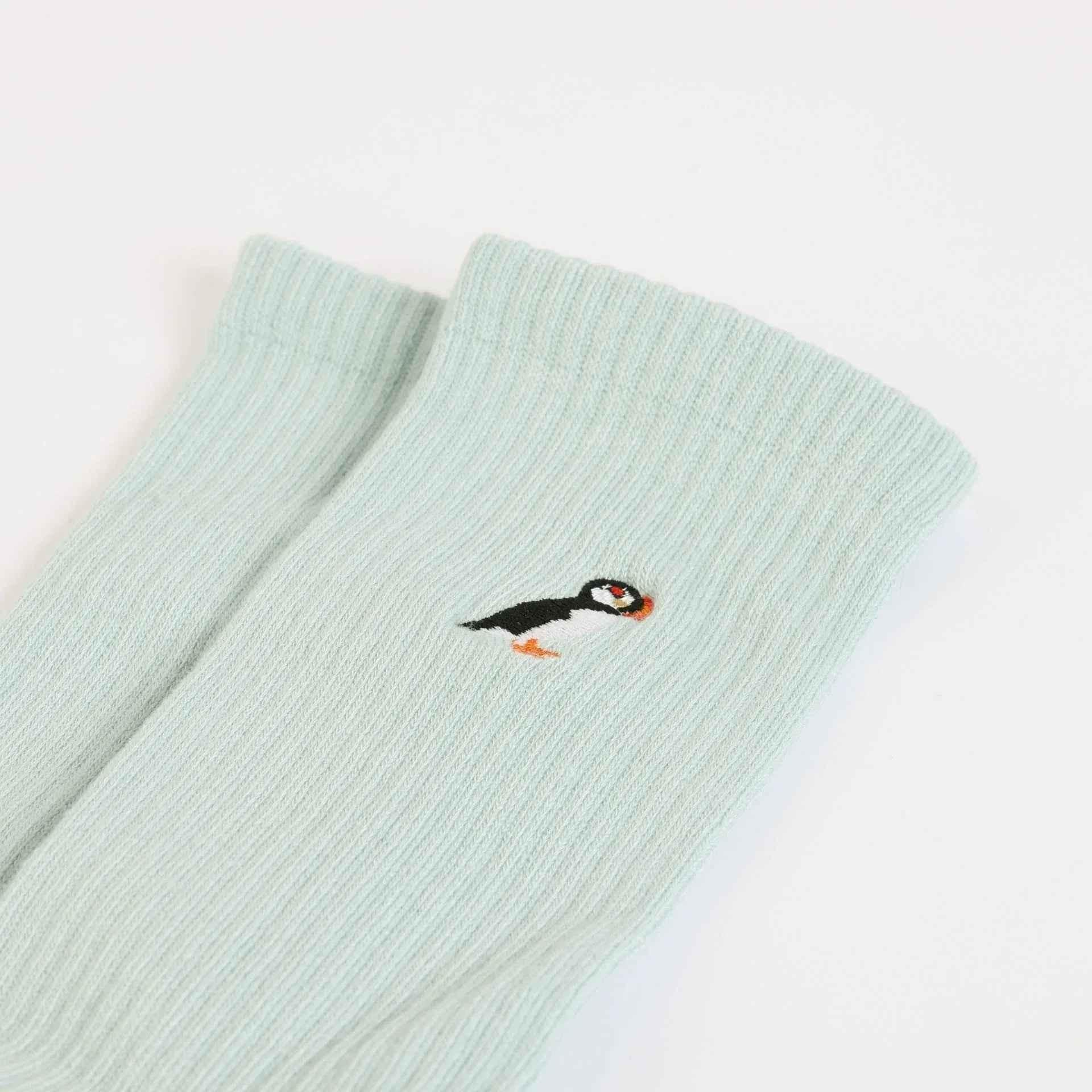 Barekind NZ Save the Puffin ribbed bamboo socks for adults, featuring a cozy knit design and eco-friendly bamboo material.