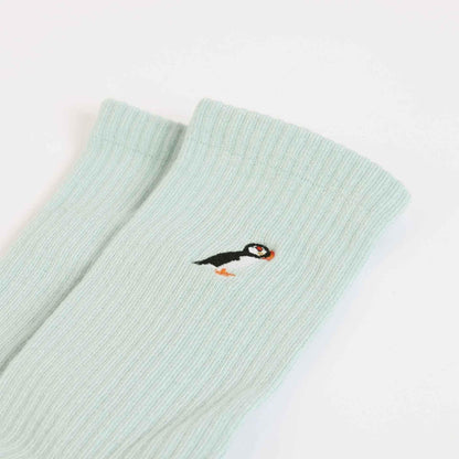 Barekind NZ Save the Puffin ribbed bamboo socks for adults, featuring a cozy knit design and eco-friendly bamboo material.