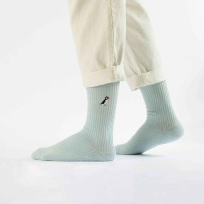 Barekind NZ Save the Puffin ribbed bamboo socks for adults, featuring a cozy, textured knit design in natural tones.