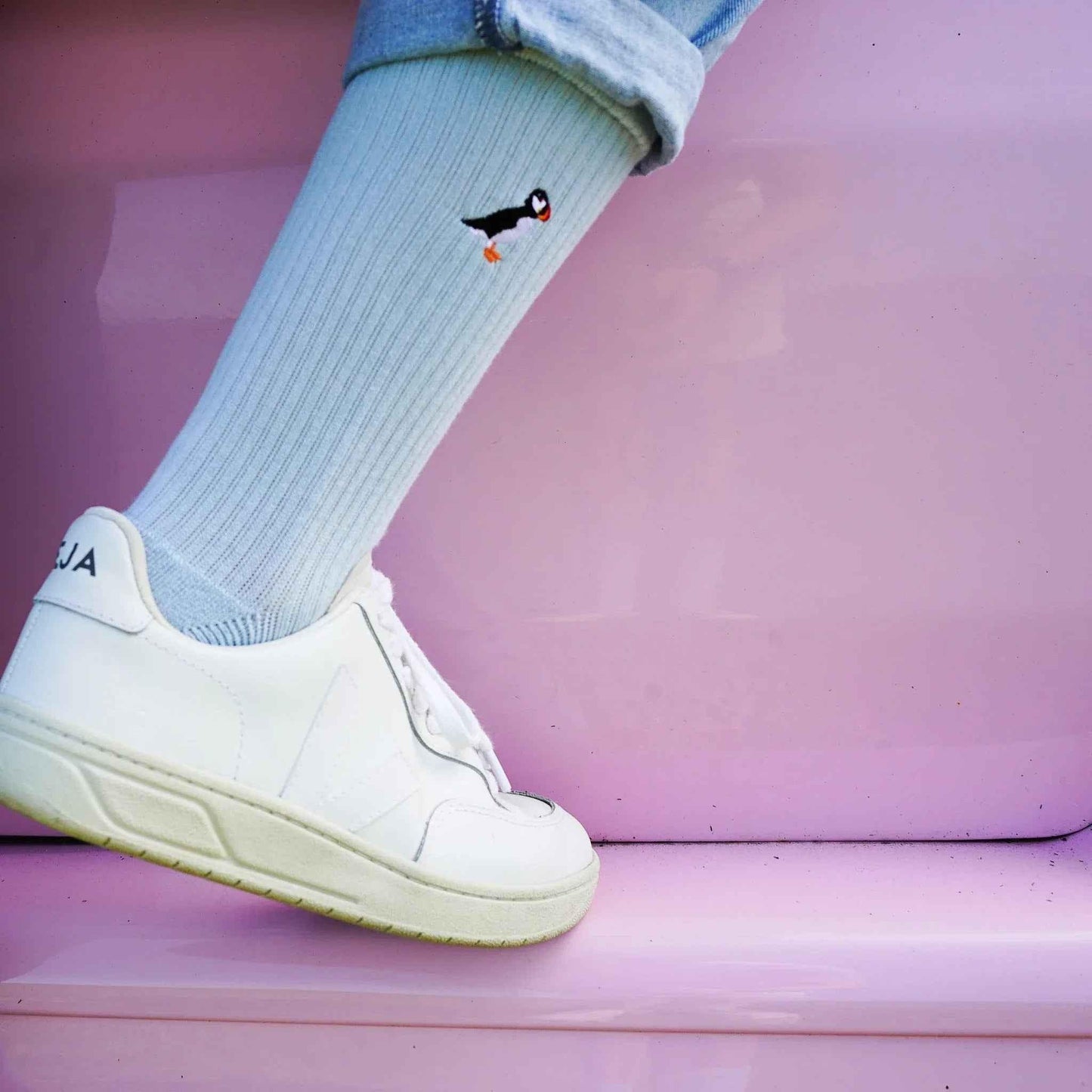 Barekind NZ Save the Puffin ribbed bamboo socks for adults, featuring soft, eco-friendly bamboo fabric and a comfortable fit.