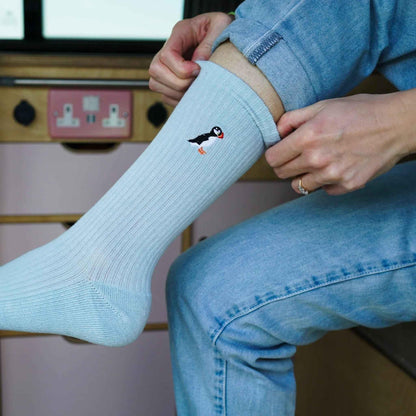 Barekind NZ Save the Puffin ribbed bamboo socks for adults, showcasing their comfortable ribbed design and eco-friendly material.