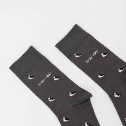 Barekind NZ Save the Puffin small motif bamboo socks for adults, featuring a colorful puffin design on soft, eco-friendly bamboo fabric.