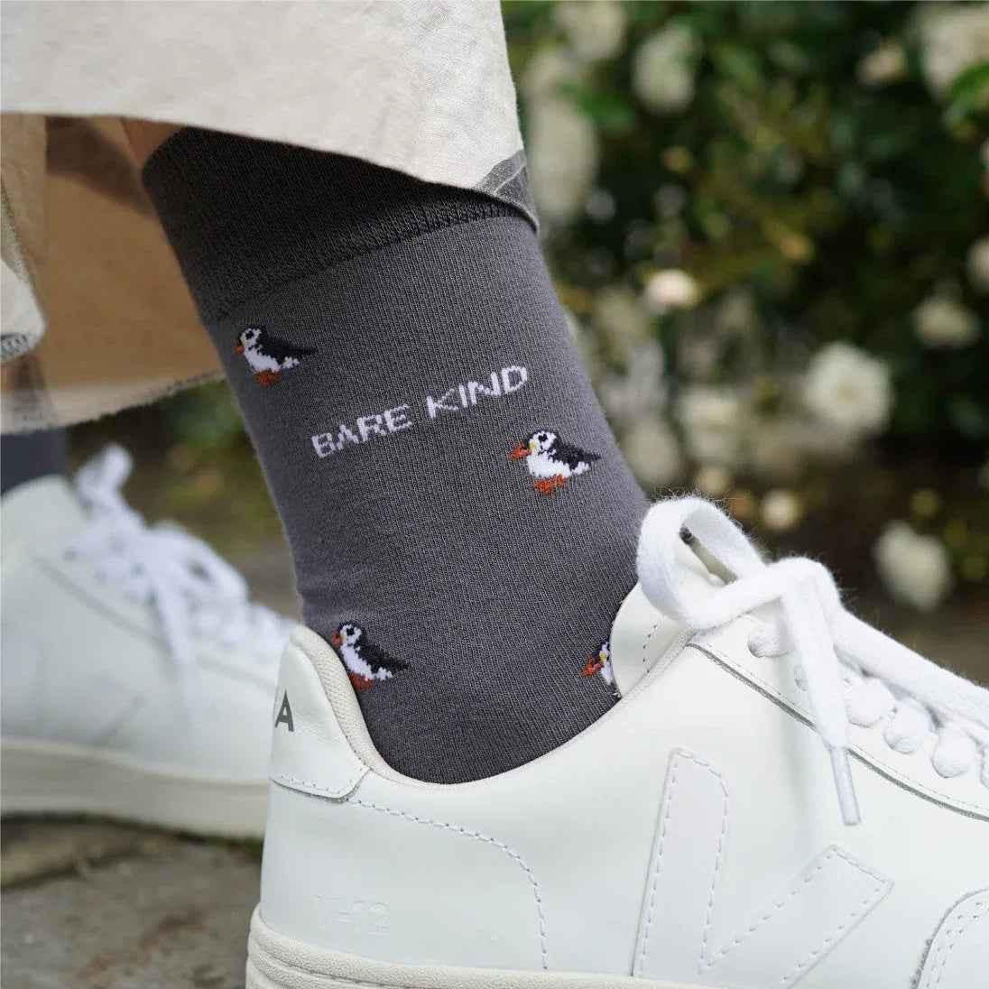 Barekind NZ Save the Puffin small motif bamboo socks for adults, featuring a charming puffin design on soft, eco-friendly socks.