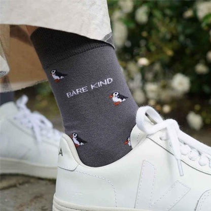 Barekind NZ Save the Puffin small motif bamboo socks for adults, featuring a charming puffin design on soft, eco-friendly socks.