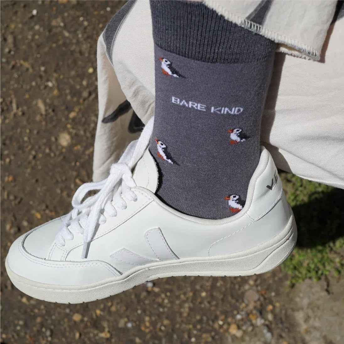 Barekind NZ Save the Puffin small motif bamboo socks for adults, featuring colorful puffin design and comfortable bamboo material