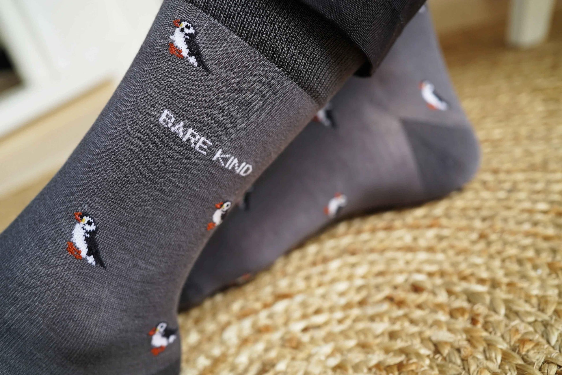 Barekind NZ Save the Puffin small motif bamboo socks for adults, featuring colorful puffin design on soft, eco-friendly bamboo fabric.