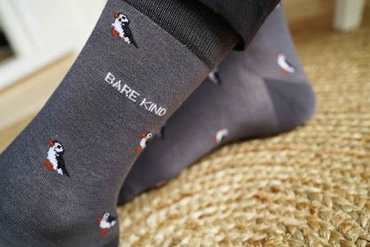 Barekind NZ Save the Puffin small motif bamboo socks for adults, featuring colorful puffin design on soft, eco-friendly bamboo fabric.