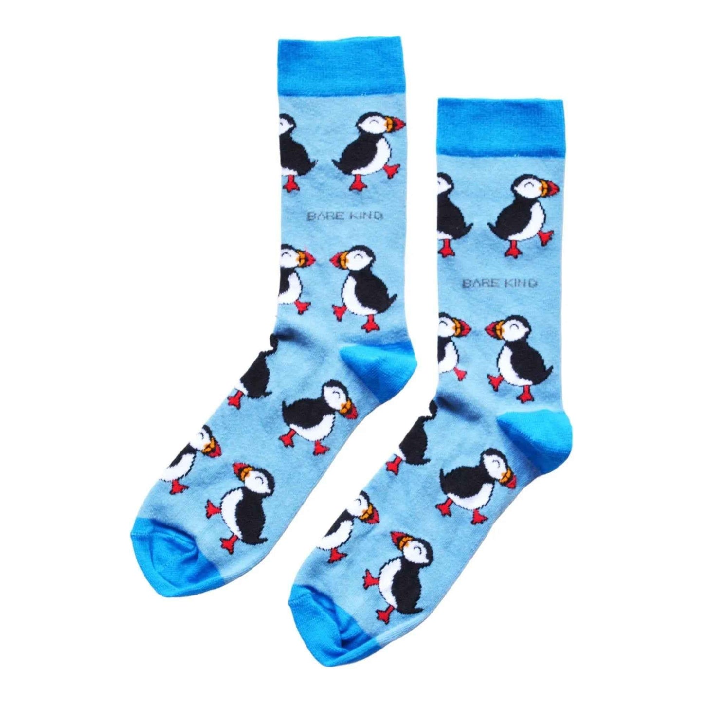 Barekind NZ bamboo socks featuring colorful puffin design, adult size 4-7, eco-friendly and comfortable footwear.