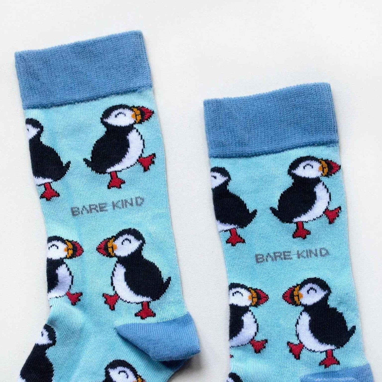 Barekind NZ bamboo socks featuring puffin design, soft and eco-friendly adult socks with Save the Puffins theme.