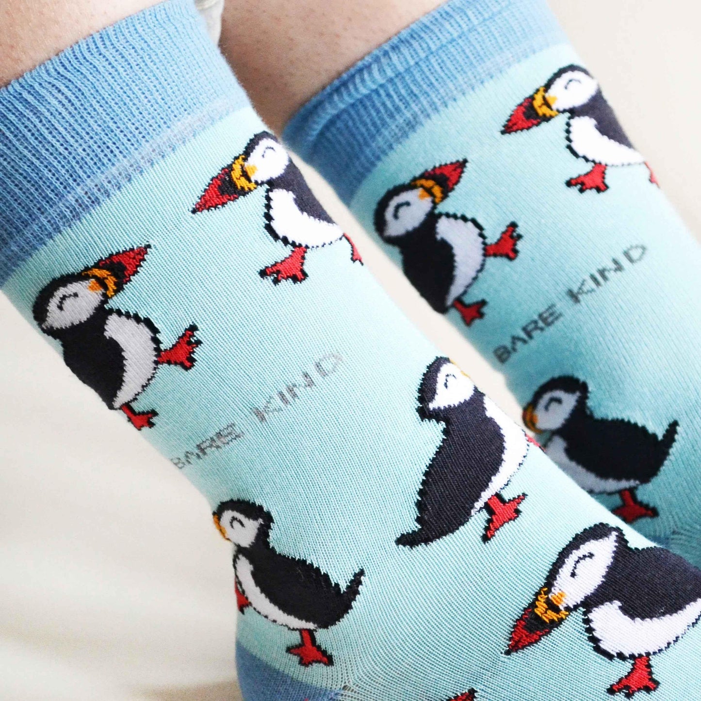 Barekind NZ Save the Puffins bamboo socks for adults, featuring colorful puffin design and soft, eco-friendly bamboo material.