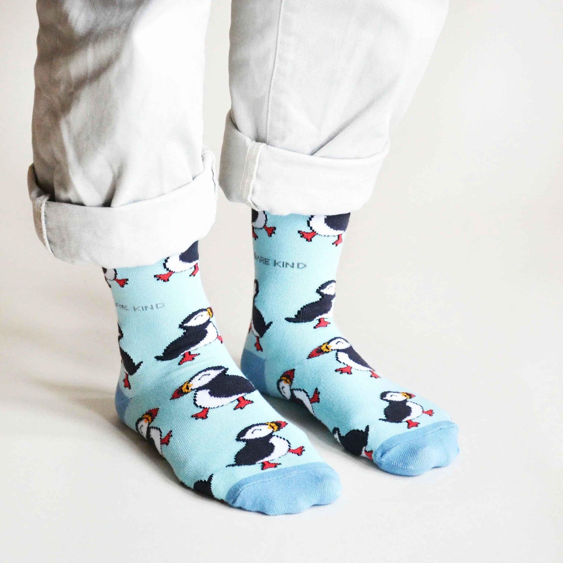 Barekind NZ bamboo socks featuring puffin design, adult size 4-7, eco-friendly socks made from sustainable bamboo material.