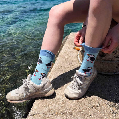 Barekind NZ Save the Puffins bamboo socks for adults, featuring colorful puffin designs on soft, eco-friendly bamboo fabric.