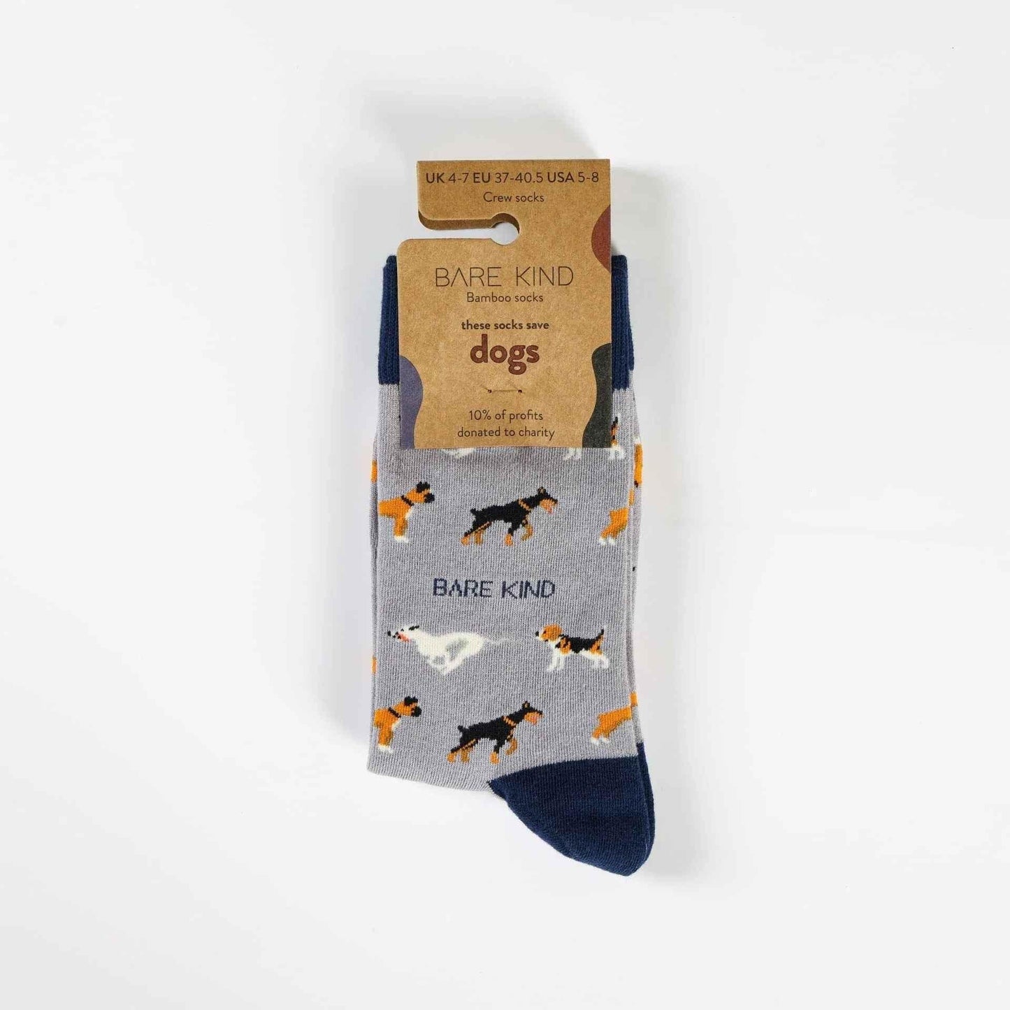 Barekind NZ bamboo socks featuring a purple dog design, designed for adult sizes 4-7, made from eco-friendly bamboo material.