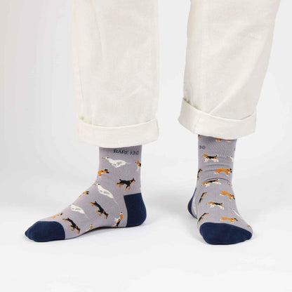 Barekind NZ bamboo socks featuring a purple dog design, ideal for adults, comfortable and eco-friendly footwear.