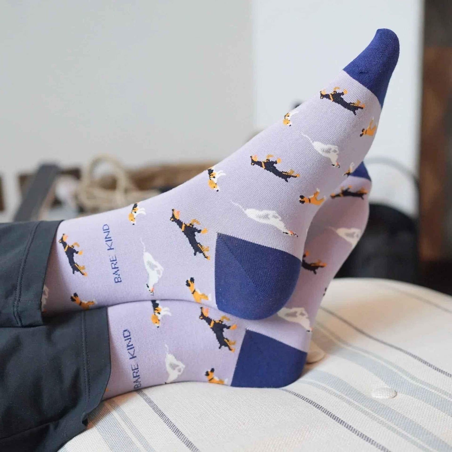 Barekind NZ bamboo socks for adults featuring a purple dog design, made from soft, eco-friendly bamboo material.