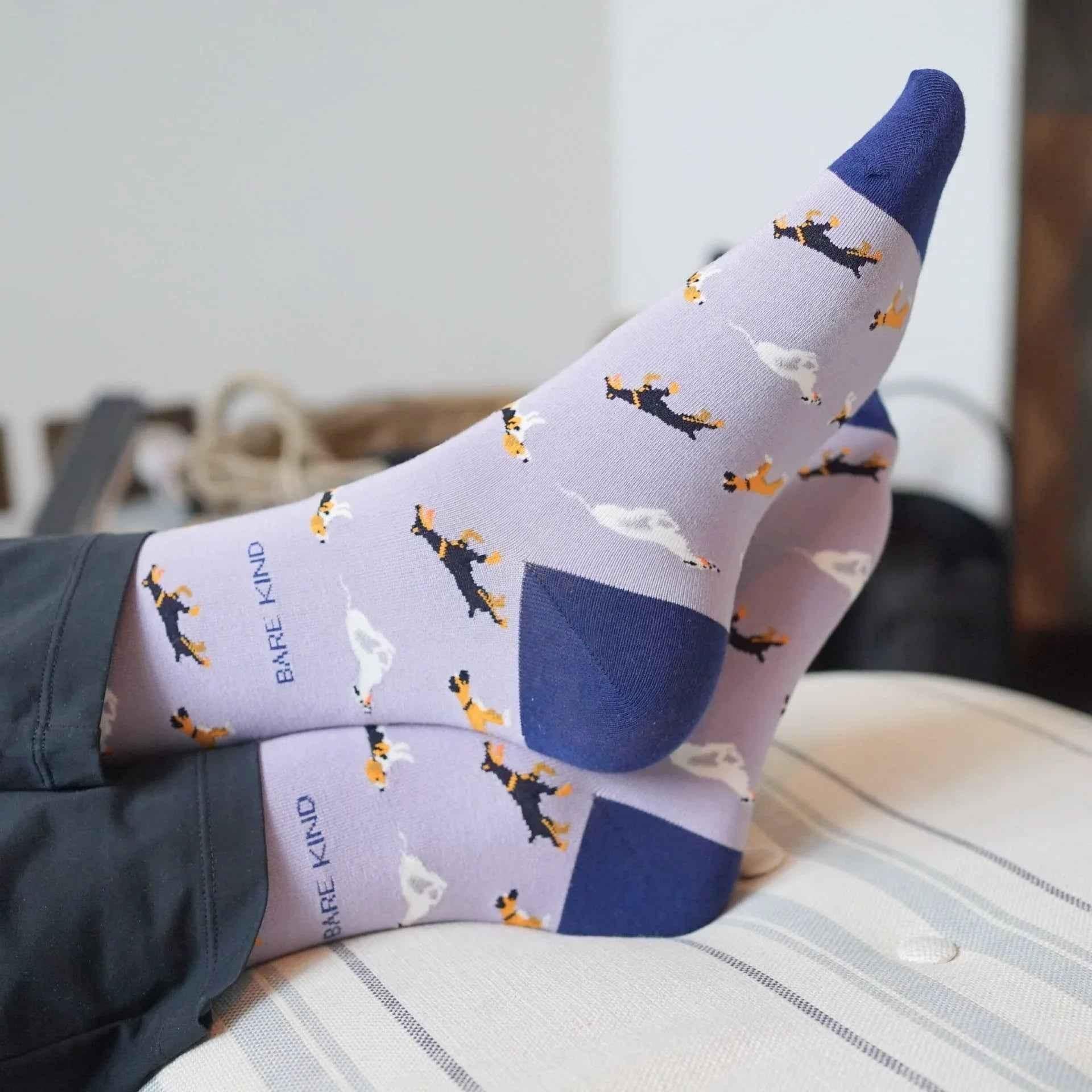 Barekind NZ bamboo socks for adults featuring a purple dog design, made from soft, eco-friendly bamboo material.