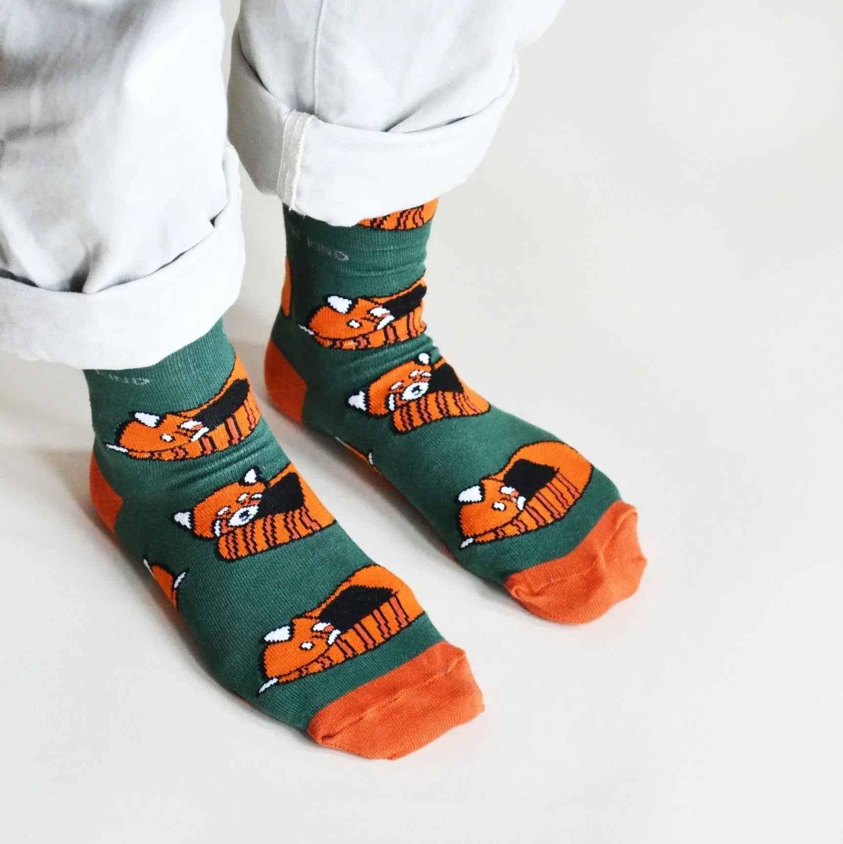 Barekind NZ bamboo socks featuring red panda design, adult size 4-7, comfortable socks with eco-friendly bamboo fabric.