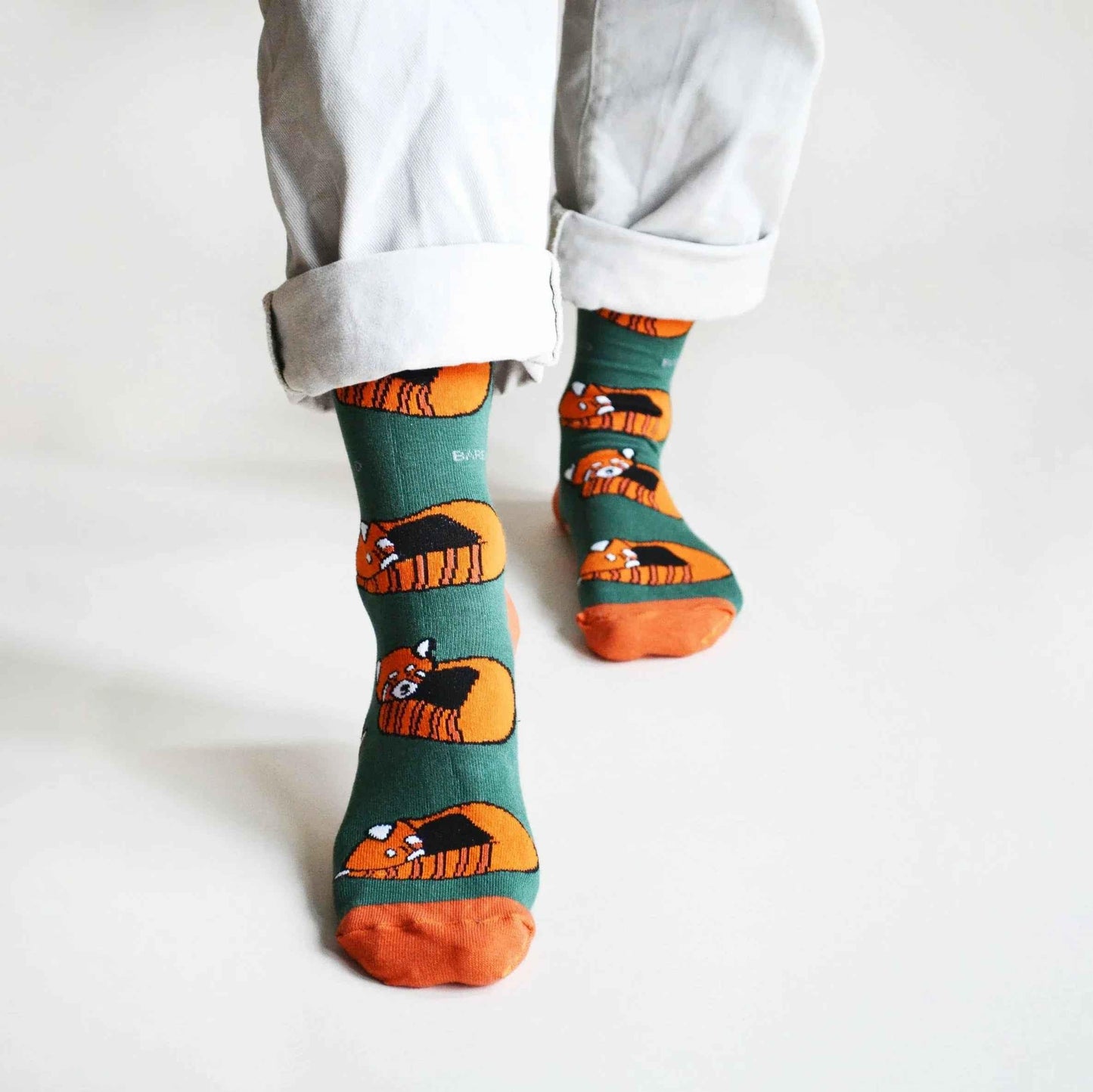 Barekind NZ bamboo socks featuring red pandas design, comfortable adult socks with eco-friendly bamboo fabric.