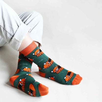 Barekind NZ Save the Red Pandas bamboo socks for adults, featuring colorful panda and bamboo print on soft, comfortable socks.