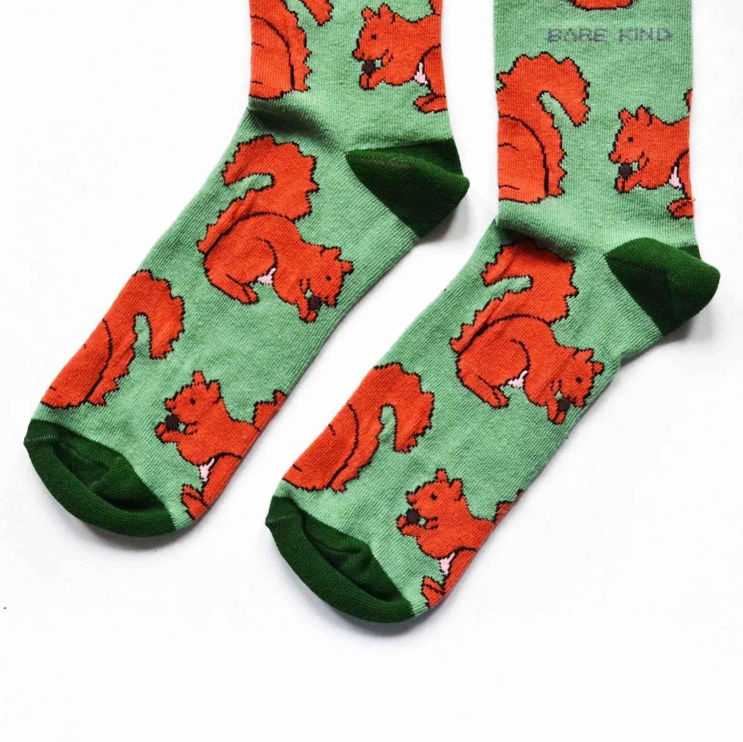 Barekind NZ bamboo socks featuring a red squirrel design, perfect for adults. Comfortable and eco-friendly footwear.