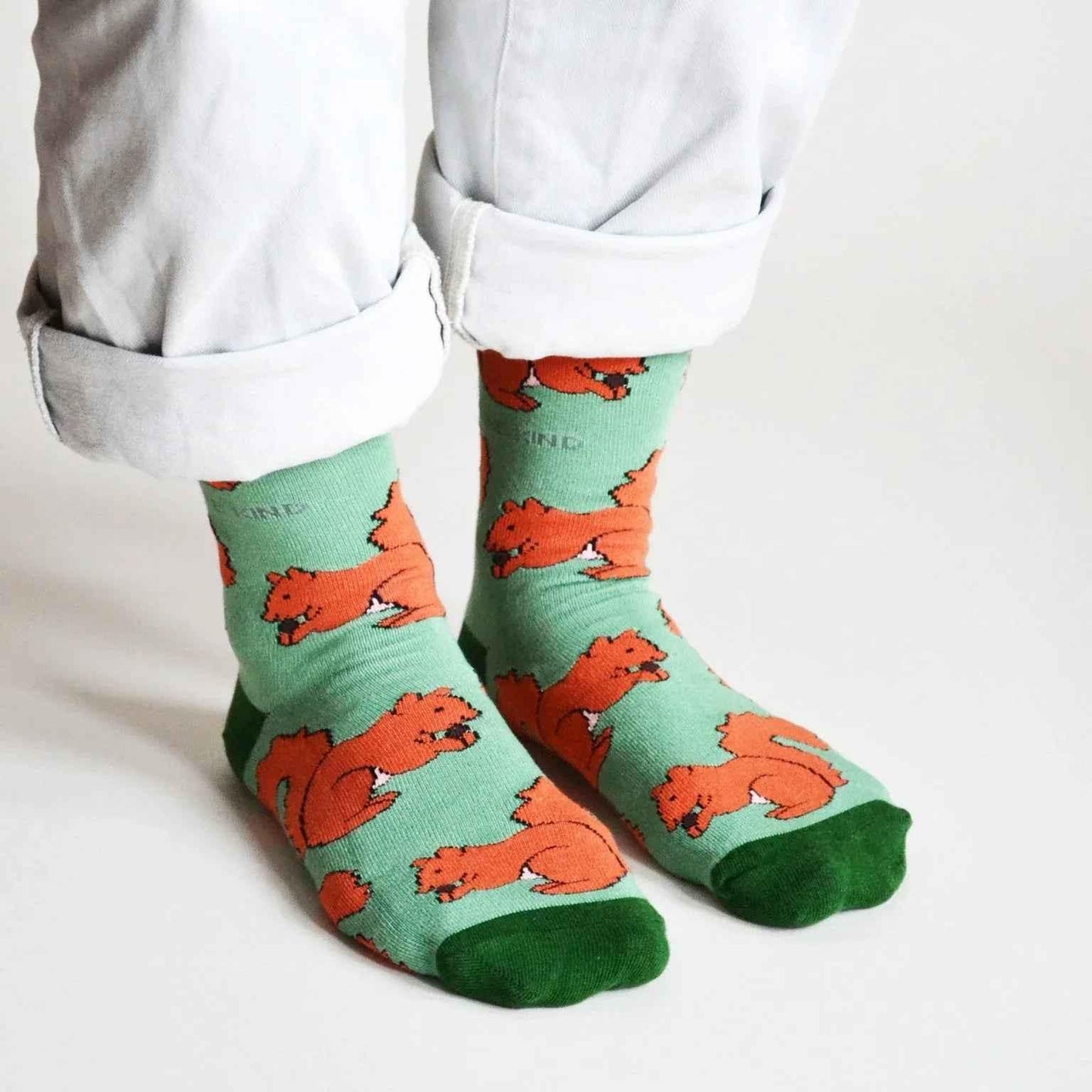 Barekind NZ Save the Red Squirrels bamboo socks for adults, featuring colorful squirrel illustrations on comfortable, eco-friendly socks.