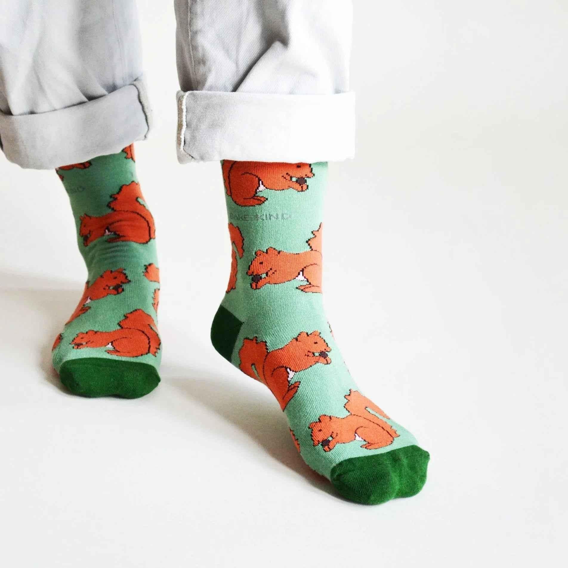 Barekind NZ bamboo socks featuring red squirrel design, eco-friendly socks for adults with nature-inspired pattern.