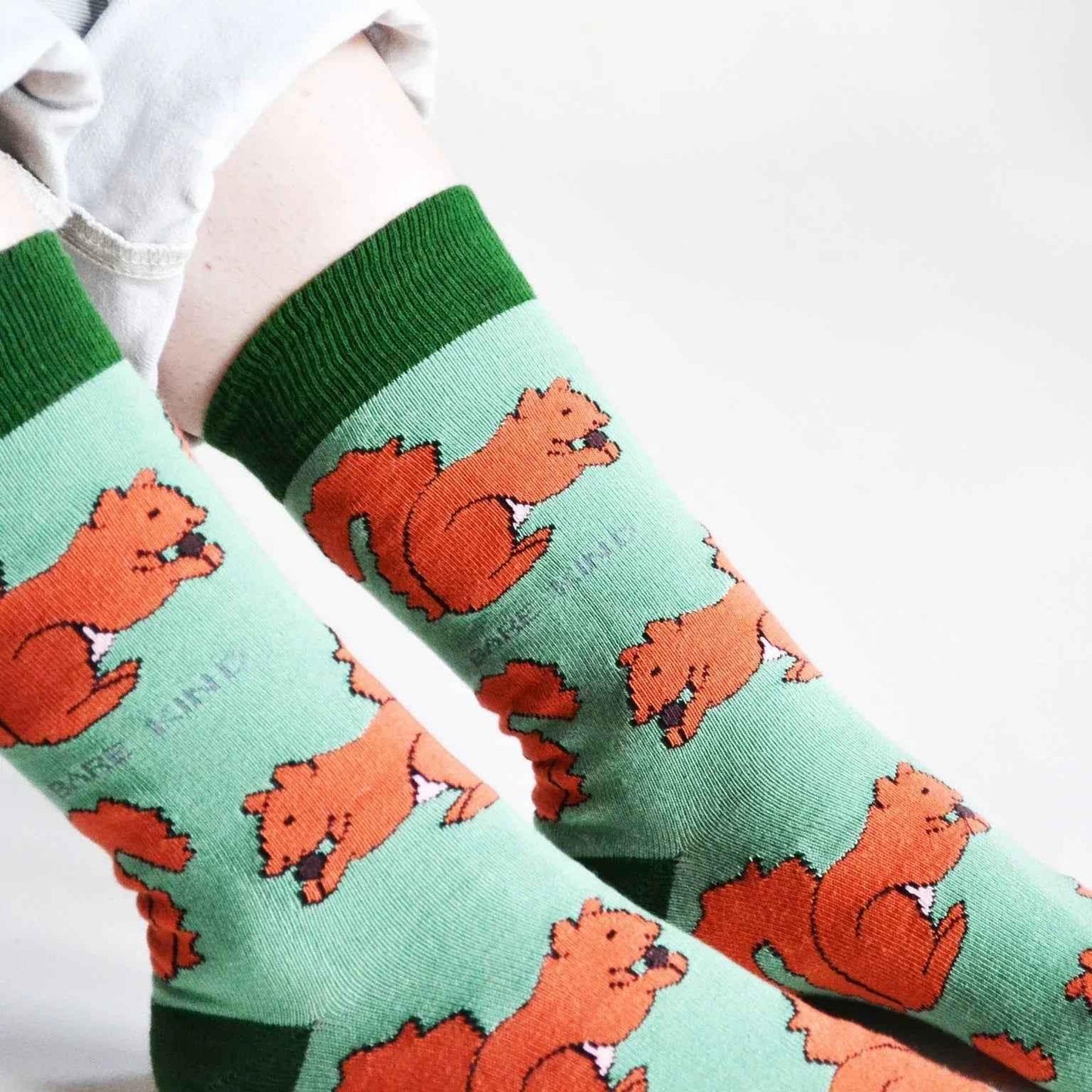 Barekind NZ bamboo socks featuring red squirrel design, adult size 4-7, eco-friendly and comfortable socks for everyday wear.