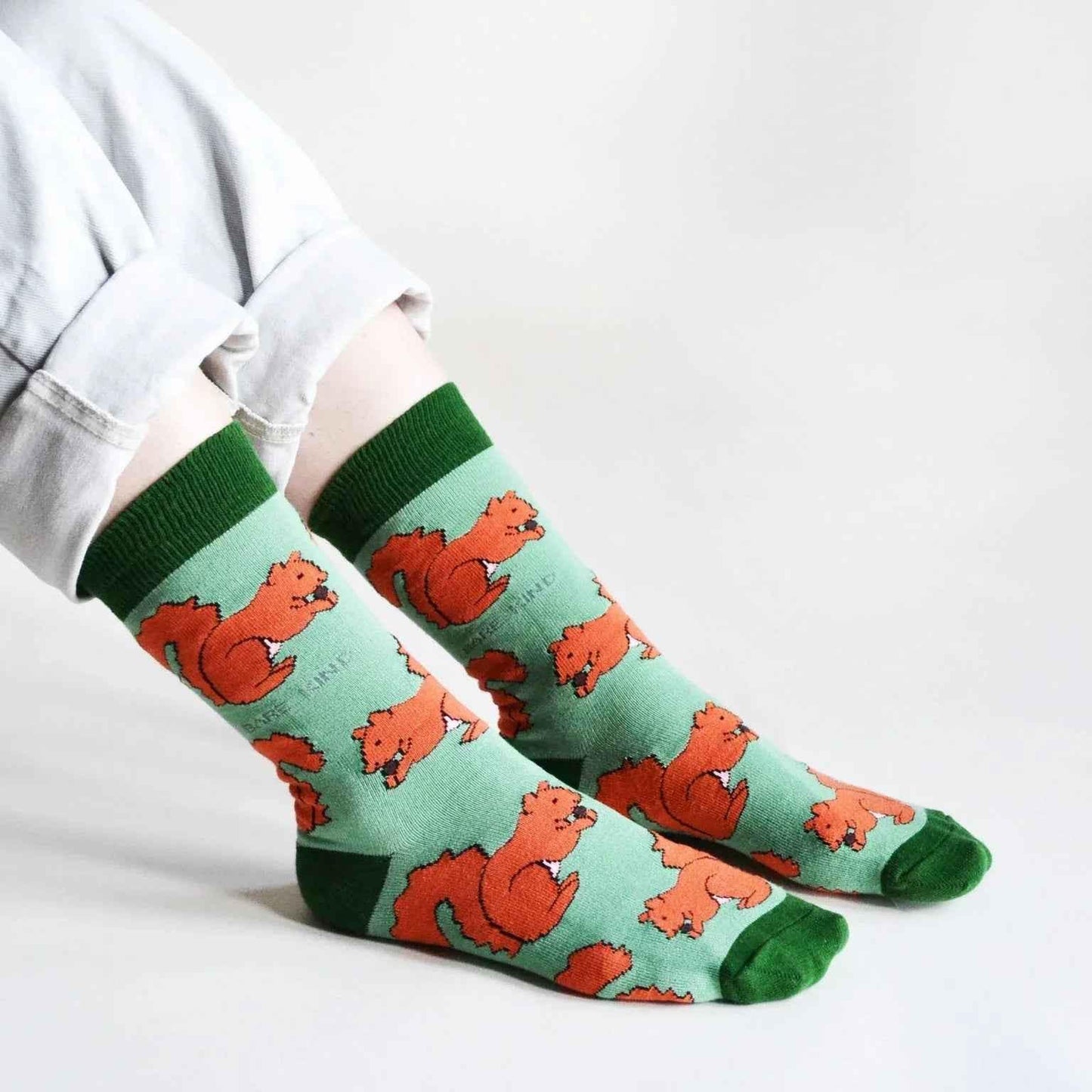 Barekind NZ Save the Red Squirrels bamboo socks for adults, featuring a colorful squirrel design on soft, eco-friendly bamboo material.