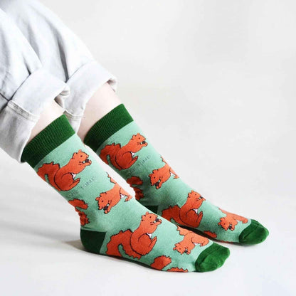 Barekind NZ Save the Red Squirrels bamboo socks for adults, featuring a colorful squirrel design on soft, eco-friendly bamboo material.