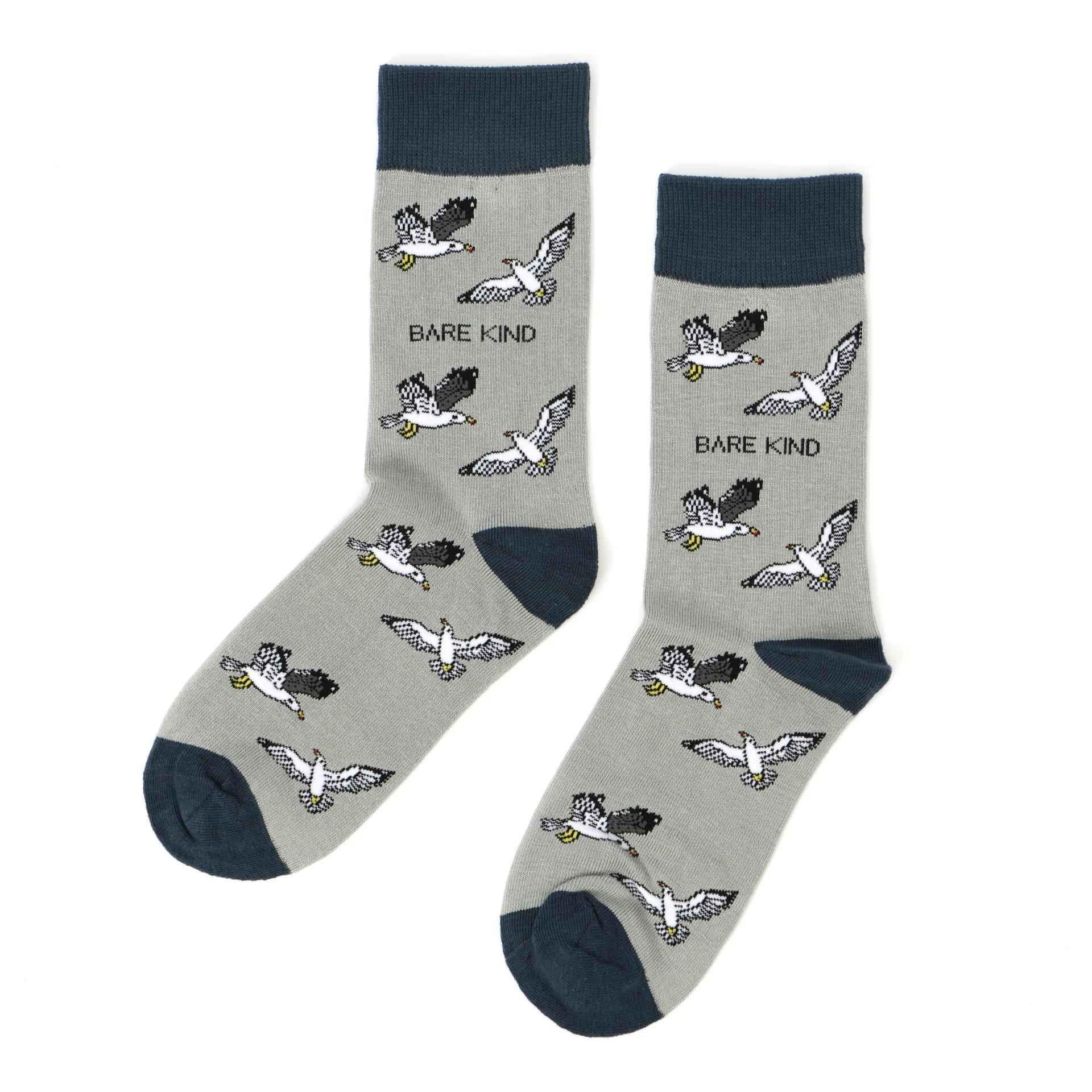 Barekind NZ bamboo socks featuring colorful seagull design, comfortable adult socks in size 4-7.