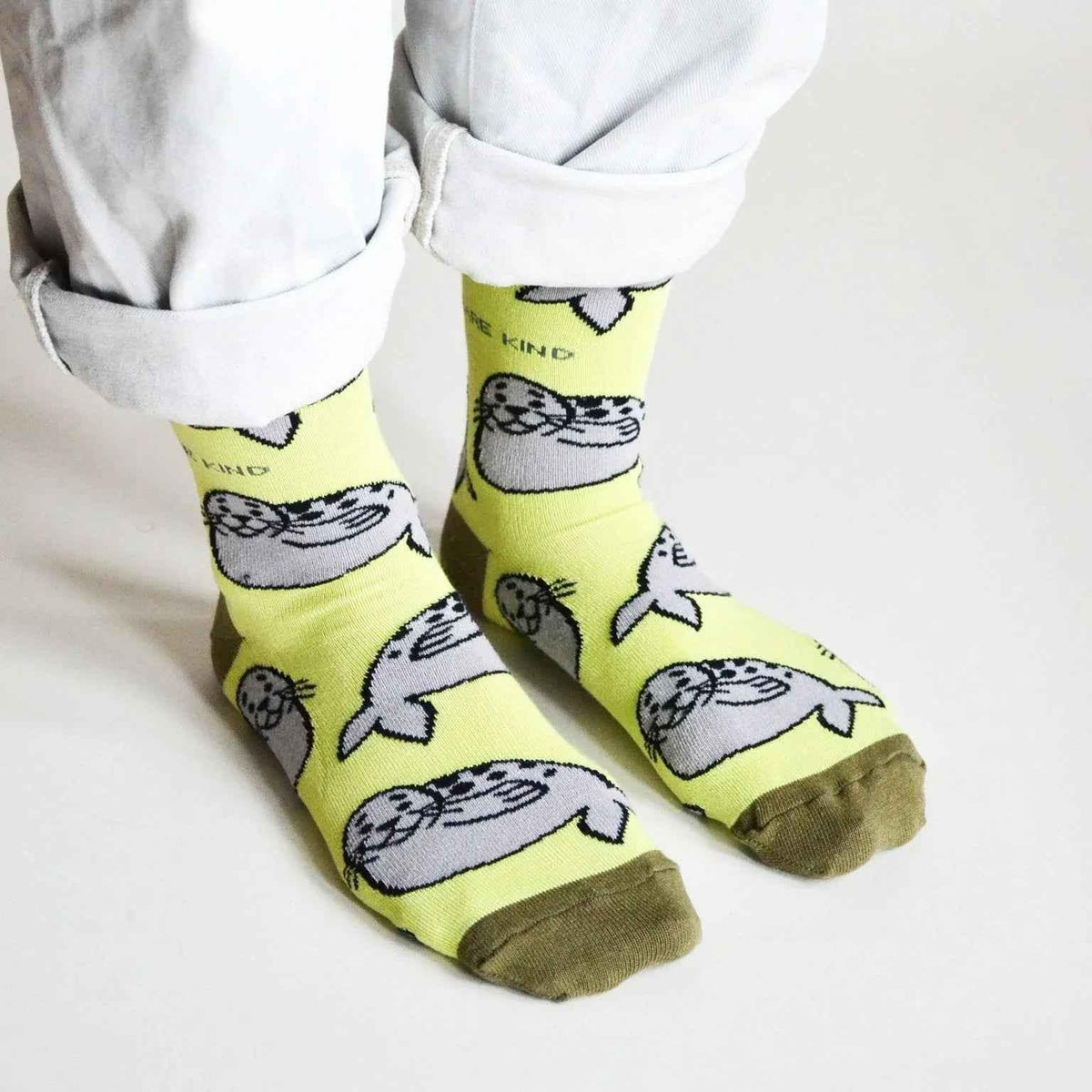 Barekind NZ bamboo socks featuring Save the Seals design, adult size 4-7, made from sustainable bamboo fabric.