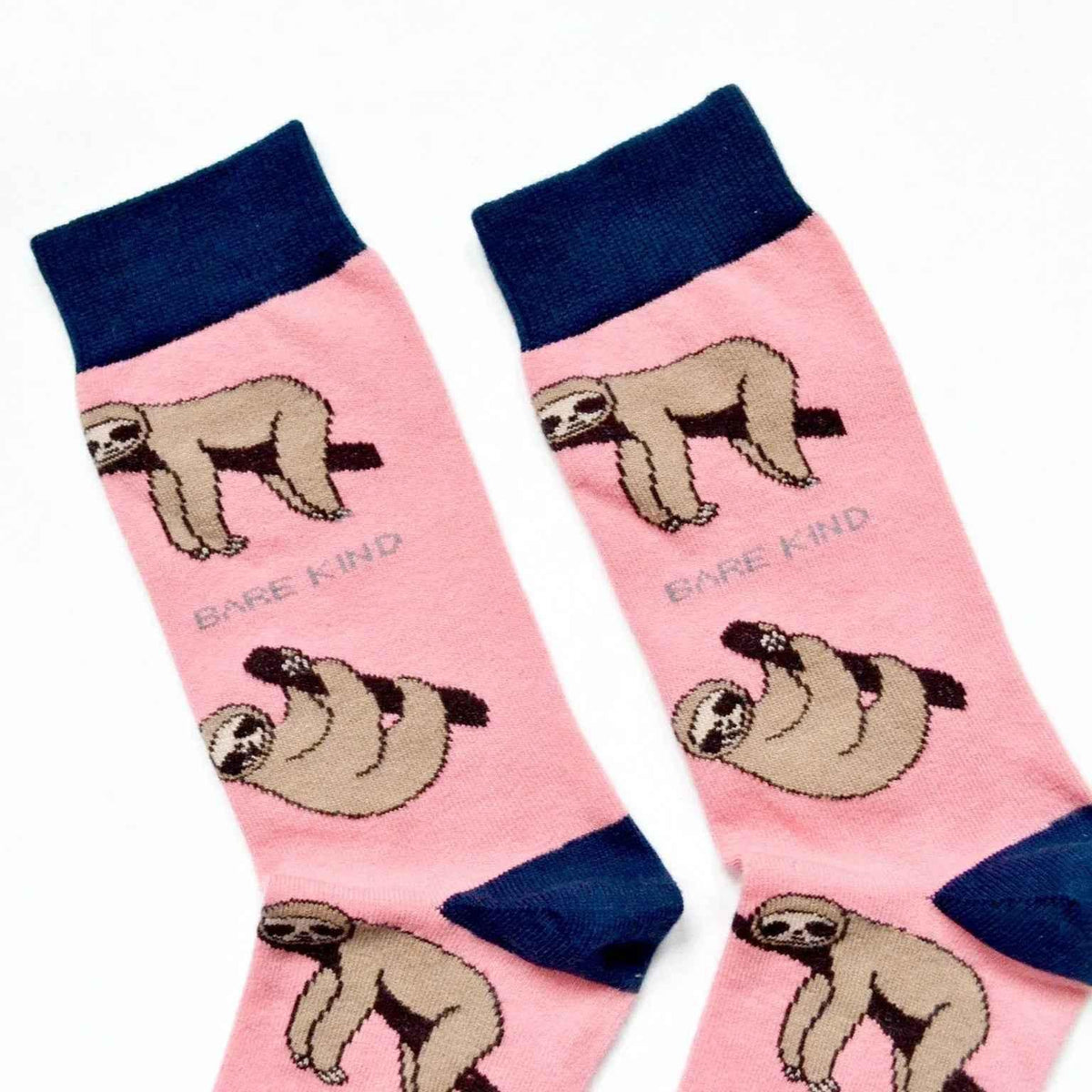 Barekind NZ bamboo socks featuring sloth illustrations, designed for adult size 4-7, made from eco-friendly bamboo fabric.