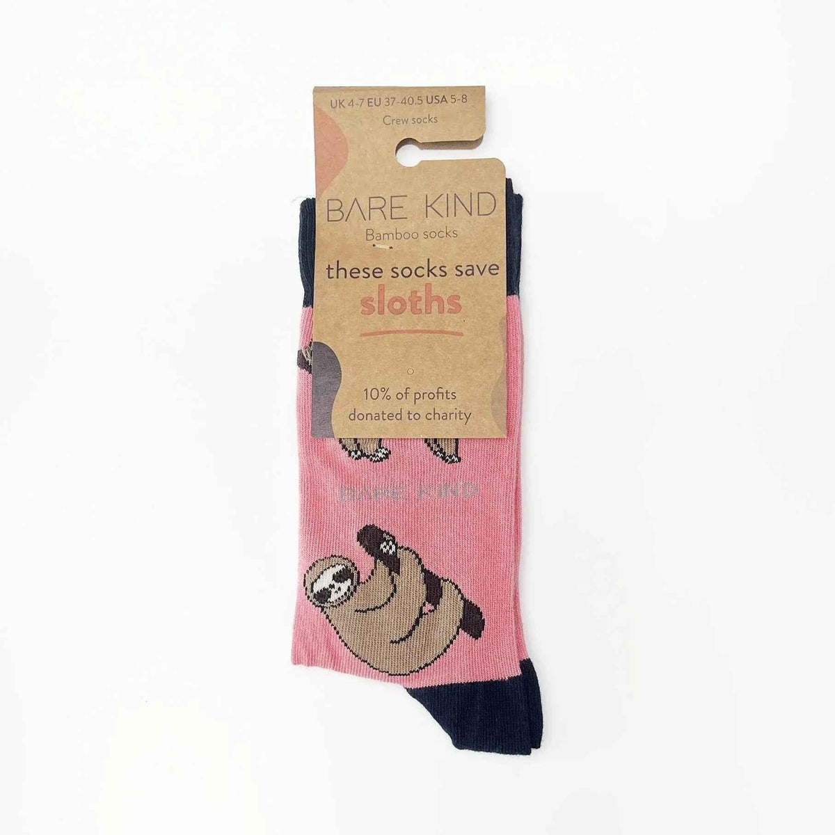 Barekind NZ bamboo socks featuring sloth illustrations, designed for adults, size 4-7, made from eco-friendly bamboo material.