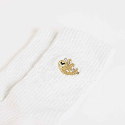 Barekind NZ Save the Sloths ribbed bamboo socks for adults, featuring eco-friendly, comfortable bamboo material with a sloth design.