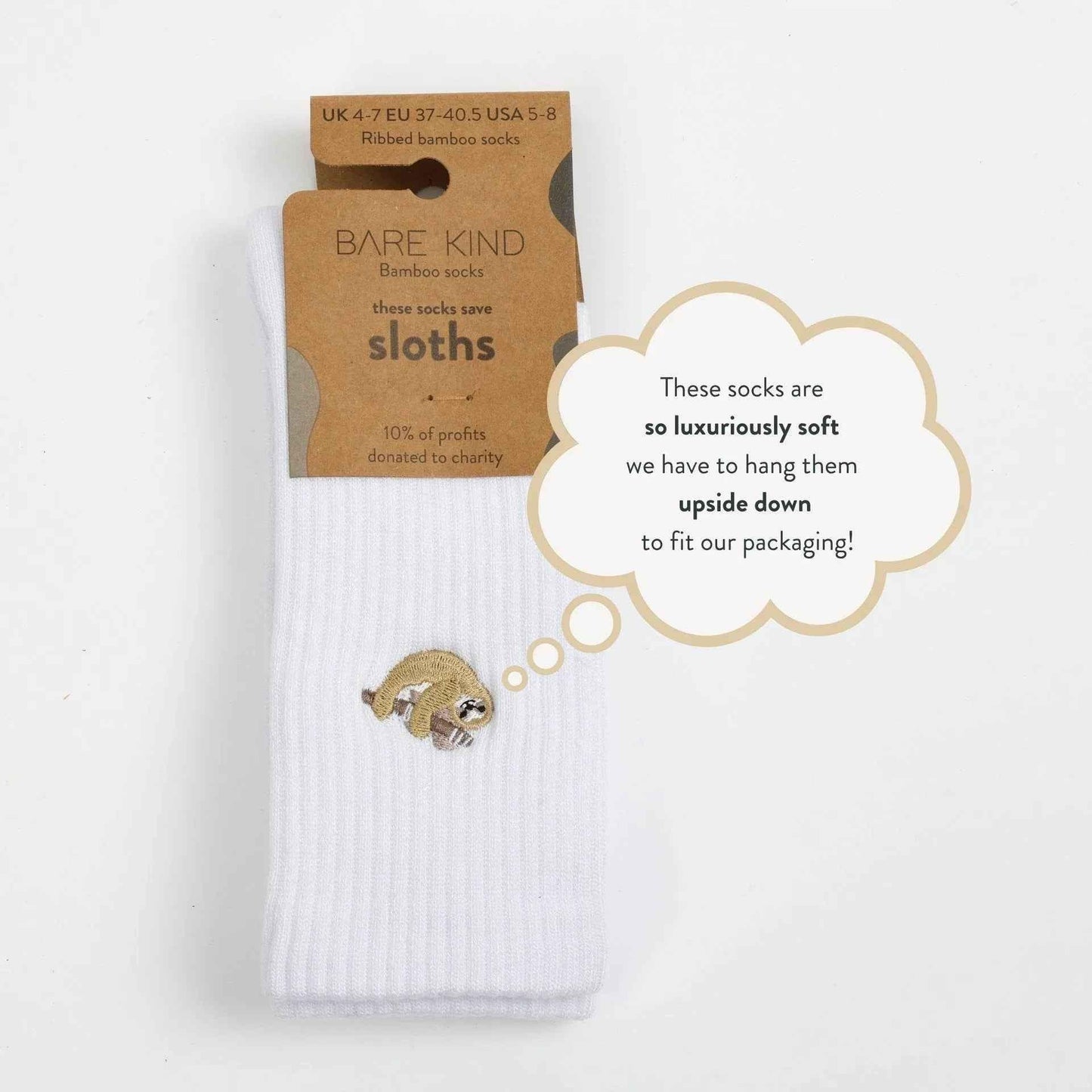 Barekind NZ Save the Sloths ribbed bamboo socks for adults, featuring a comfortable design with sloth-themed patterns.