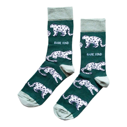 Barekind NZ bamboo socks featuring snow leopard design, adult size 4-7, eco-friendly and soft for comfortable wear.