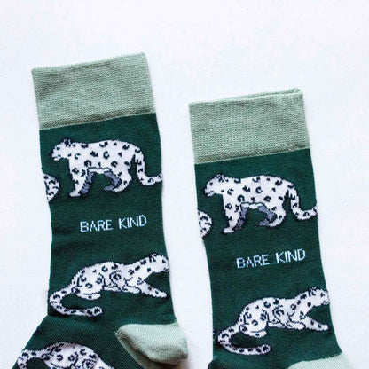 Barekind NZ bamboo socks featuring a snow leopard design, designed to support snow leopard conservation.