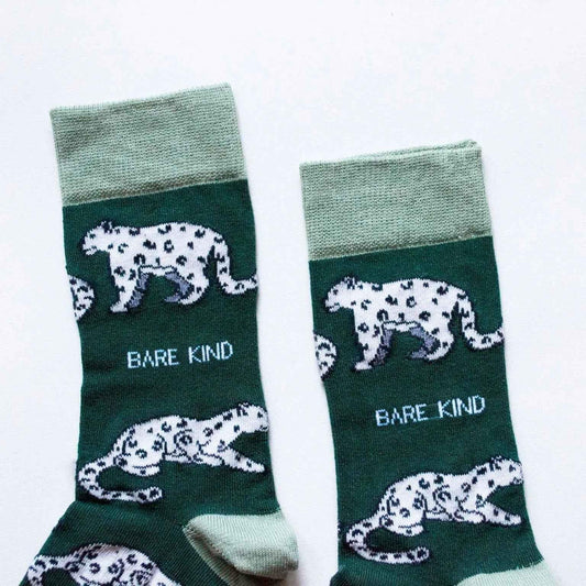 Barekind NZ bamboo socks featuring a snow leopard design, designed to support snow leopard conservation.