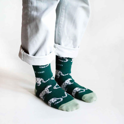 Barekind NZ bamboo socks featuring a snow leopard design, comfortable adult socks made from eco-friendly bamboo material.