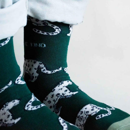 Barekind NZ bamboo socks featuring snow leopard design, adult size 4-7, eco-friendly and soft for comfortable wear.
