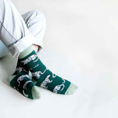 Barekind NZ bamboo socks featuring a snow leopard design, adult size 4-7, eco-friendly and comfortable for everyday wear.
