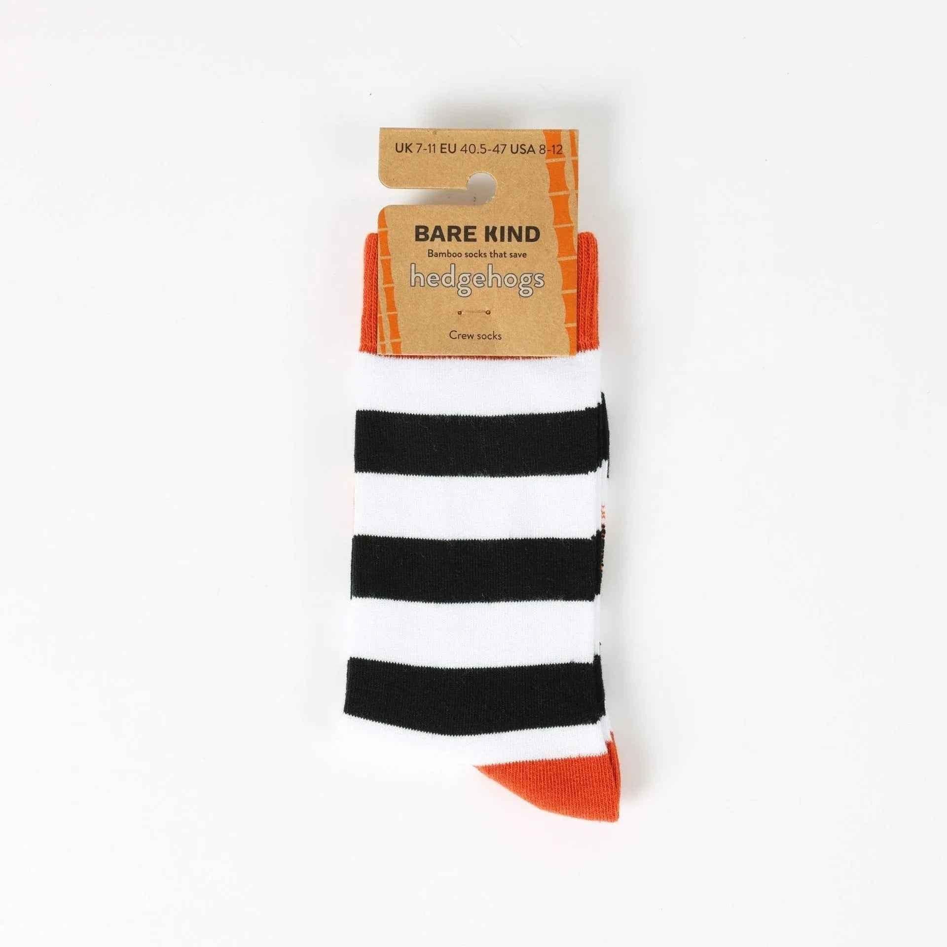 Barekind NZ bamboo socks featuring a colorful striped hedgehog design, adult size 4-7, comfortable and eco-friendly footwear.