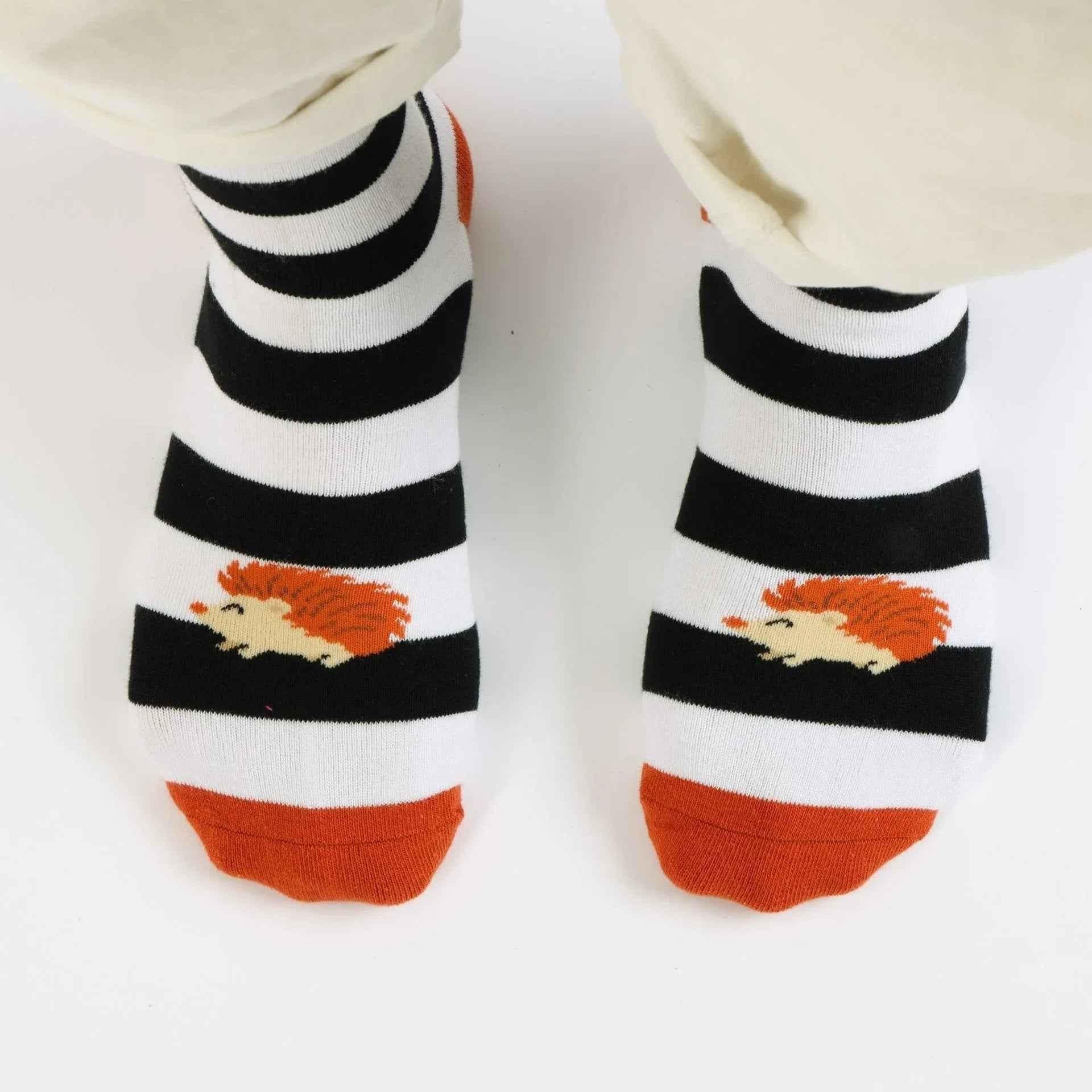 Barekind NZ bamboo socks featuring colorful striped hedgehog design, comfortable adult sock with eco-friendly bamboo material.