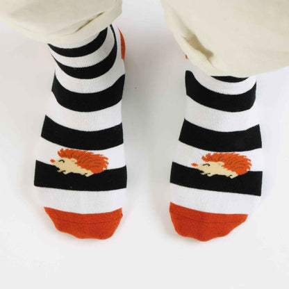 Barekind NZ bamboo socks featuring colorful striped hedgehog design, comfortable adult sock with eco-friendly bamboo material.