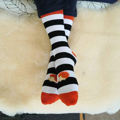 Barekind NZ bamboo socks featuring a striped hedgehog design, suitable for adult feet sizes 4-7.