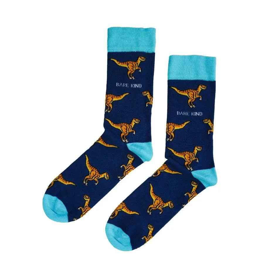 Barekind NZ bamboo socks featuring a Velociraptor design for adults, stylish and comfortable dinosaur-themed socks.