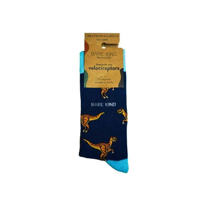 Barekind NZ bamboo socks featuring Velociraptors design, adult size 4-7, eco-friendly and comfortable sock option.