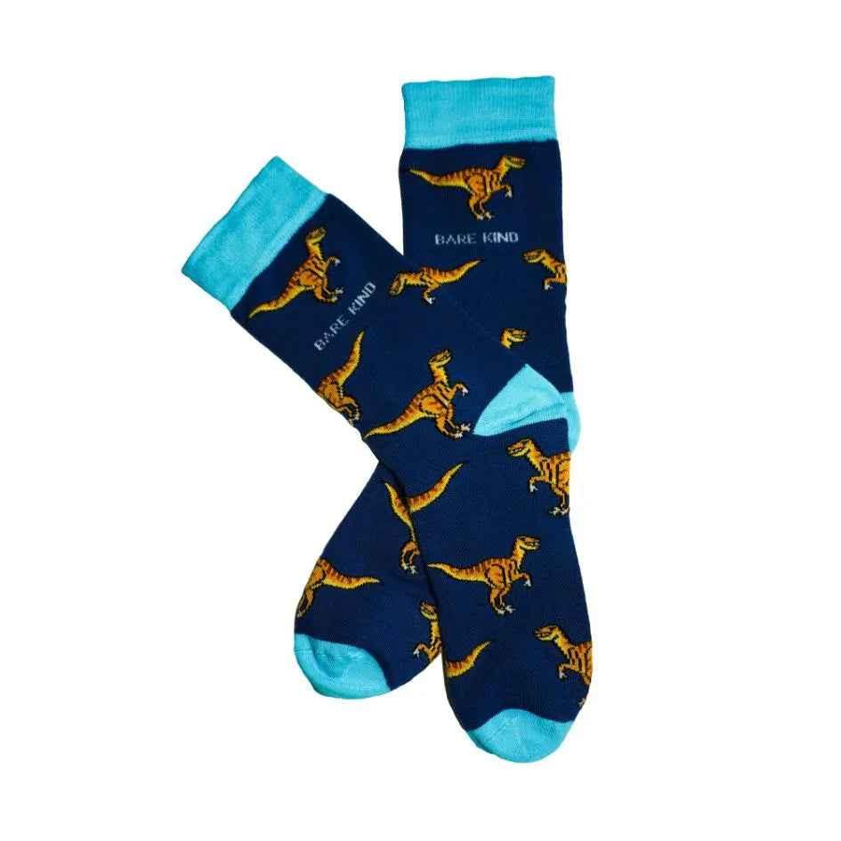 Barekind NZ bamboo socks featuring Velociraptor design, adult size 4-7, comfortable and eco-friendly footwear.