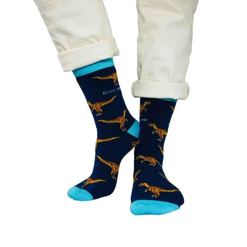 Barekind NZ bamboo socks featuring Velociraptors design, adult size 4-7, eco-friendly and comfortable footwear.