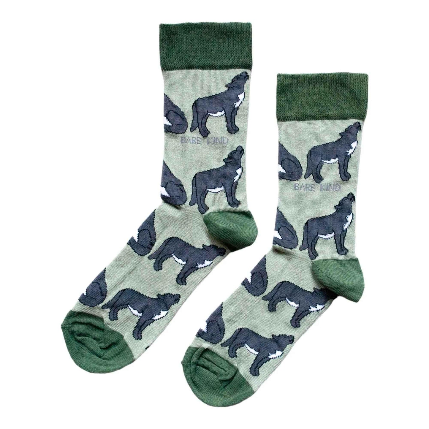Barekind NZ bamboo socks featuring a wolf design, designed for adults, made from eco-friendly bamboo material.